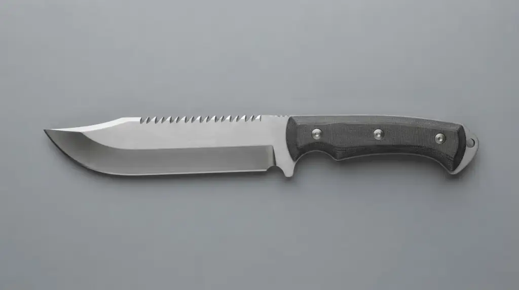 Overhead view of a tracker knife showing its curved belly, straight section and sawback spine
