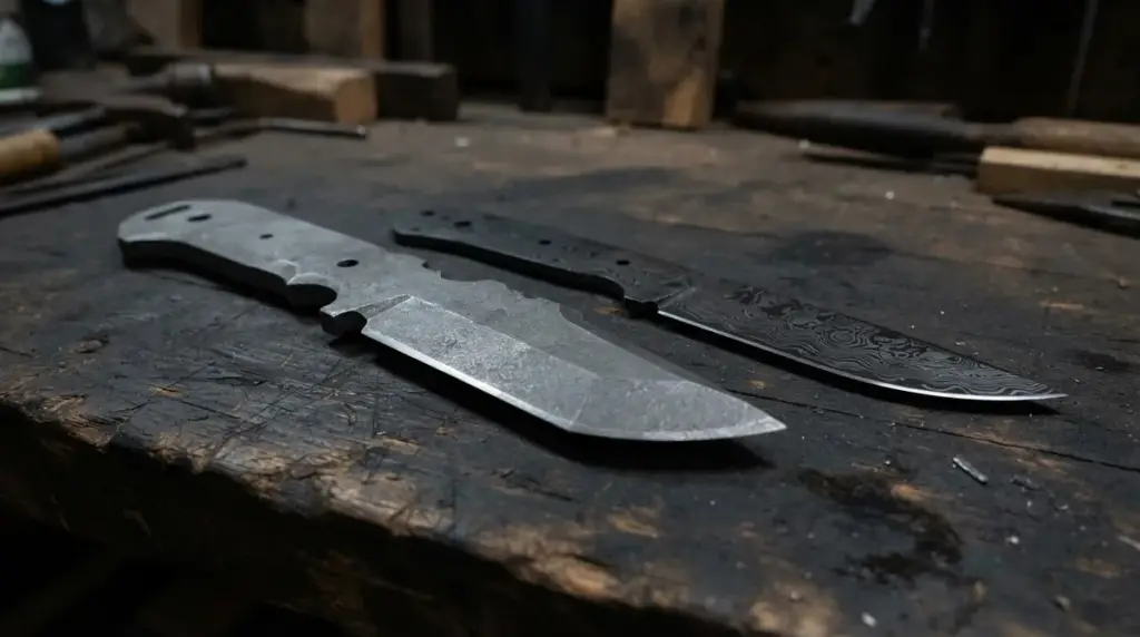 A thick matte tool steel blade beside a thin layered Damascus blade