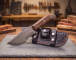 Timber Fang D2 steel Tom Brown style tracker knife with walnut wood handle, mosaic pin inlay and black leather tracker sheath
