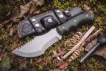 Moss Talon stone washed D2 steel Tom Brown style tracker knife with olive green micarta handle and gold stainless screws