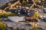 Golden Timber D2 steel Tom Brown style tracker knife with walnut wood handle, gold stainless steel screws, mosaic pin inlay and black leather tracker sheath