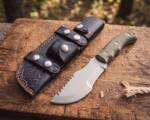 Olive Ranger D2 steel Tom Brown style tracker knife with OD green G10 handle, gold stainless steel screws and black leather tracker sheath
