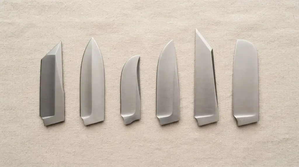 Six traditional blade shapes laid in a row on pale linen