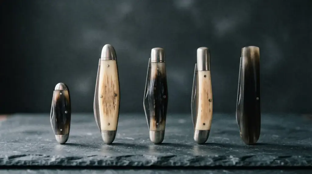 Five closed traditional knives showing different frame outlines on dark slate