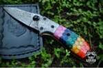 Rainbow honeycomb resin handle Damascus pride pocket knife view 1