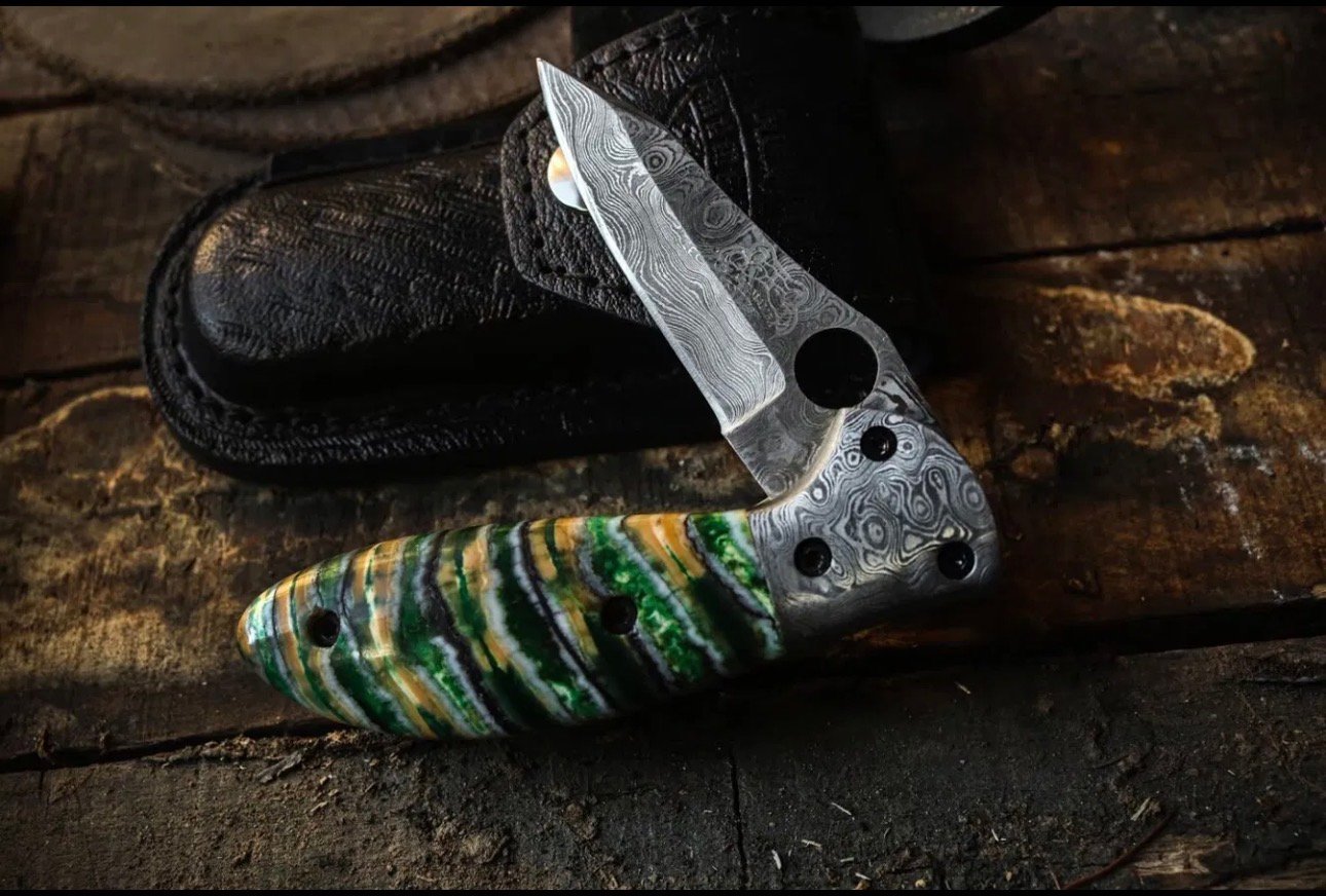 Boomslang | Green Mammoth Tooth Handle Damascus Pocket Knife, 7.25 Inch USA Made Folding Knife with Walnut Gift Box | BMK-744 - view 3