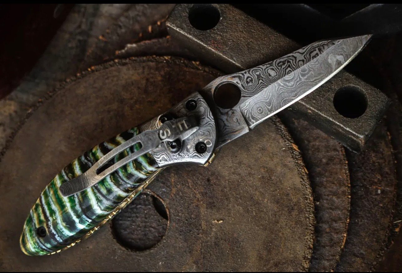 Boomslang | Green Mammoth Tooth Handle Damascus Pocket Knife, 7.25 Inch USA Made Folding Knife with Walnut Gift Box | BMK-744 - view 2