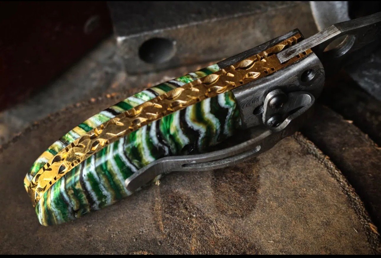 Boomslang | Green Mammoth Tooth Handle Damascus Pocket Knife, 7.25 Inch USA Made Folding Knife with Walnut Gift Box | BMK-744 - view 6