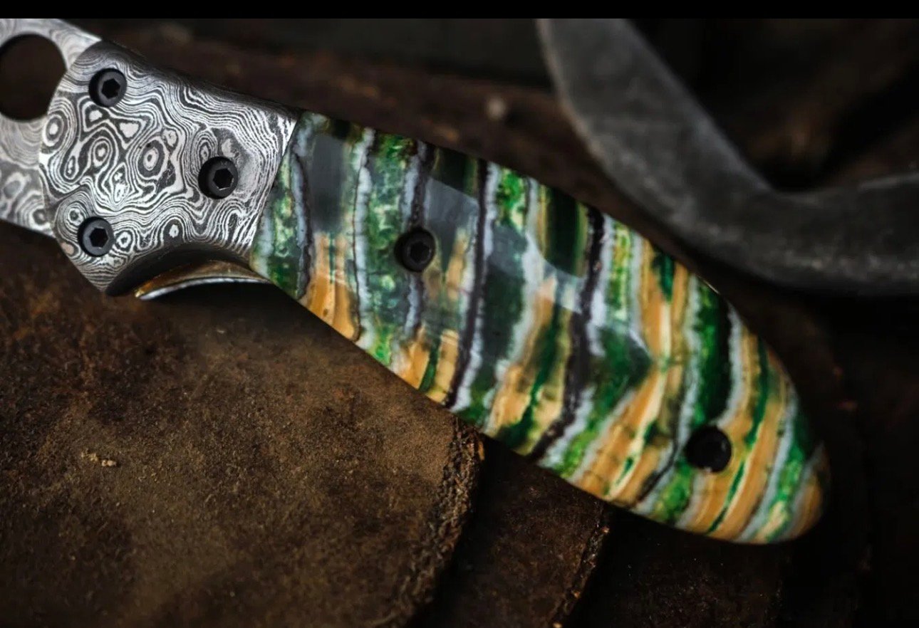 Boomslang | Green Mammoth Tooth Handle Damascus Pocket Knife, 7.25 Inch USA Made Folding Knife with Walnut Gift Box | BMK-744 - view 5