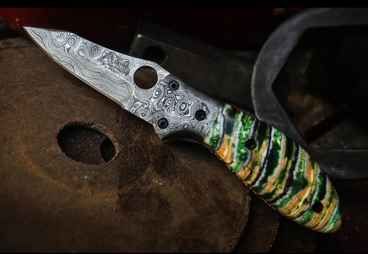 Boomslang | Green Mammoth Tooth Handle Damascus Pocket Knife, 7.25 Inch USA Made Folding Knife with Walnut Gift Box | BMK-744
