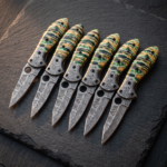 Set of 6 matching knives: Boomslang Green Mammoth Tooth Handle Damascus Pocket Knife