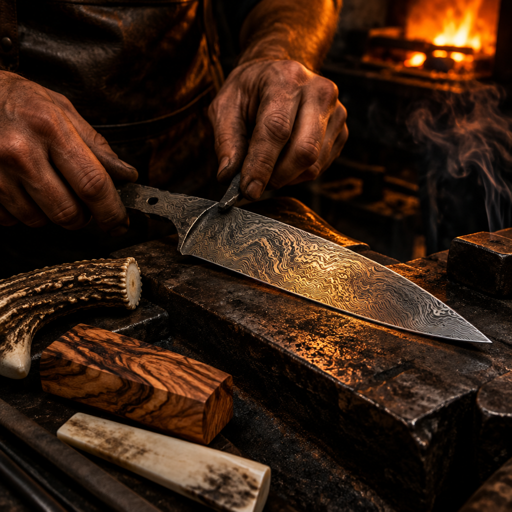 Master bladesmith hand forging a custom Damascus steel knife