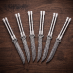 Set of 6 matching knives: Damascus Balisong Butterfly Knife Original Traditional