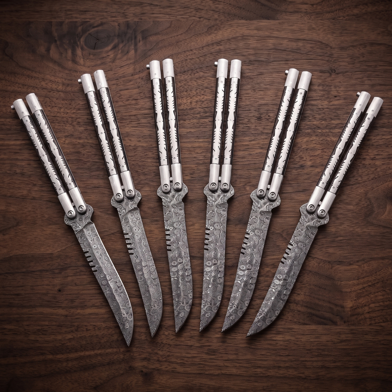 Set of 6 Damascus Balisong Butterfly Knife Original Traditional | Groomsmen Gift Set | BMK-DB-12-S6