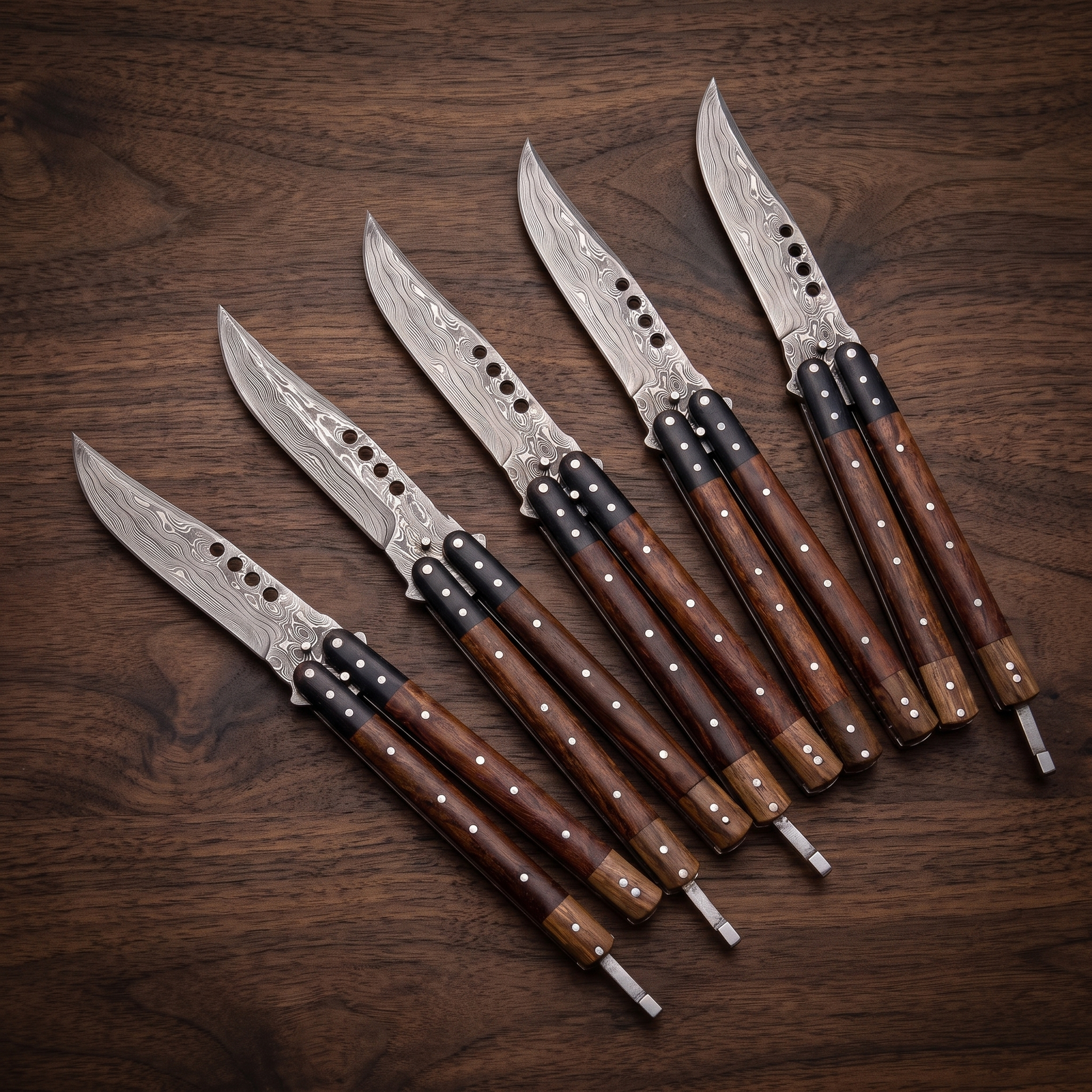 Set of 6 Damascus Balisong Butterfly Knife with Beautiful Wooden | Groomsmen Gift Set | BMK-DB-29-S6