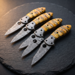 Set of 6 matching knives: Gaboon Viper Mammoth Tooth Handle Damascus Pocket Knife