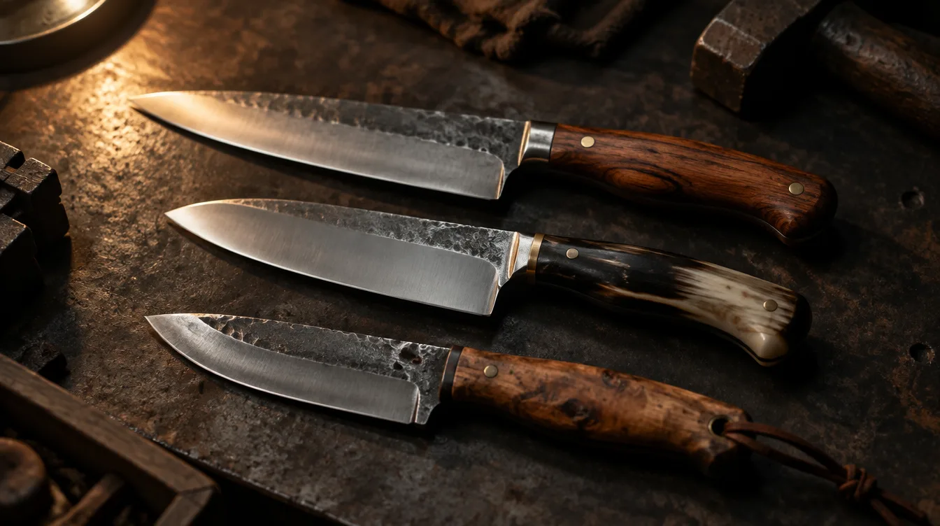 Three handmade knives with rosewood, stag antler and burl wood handles on a dark bench