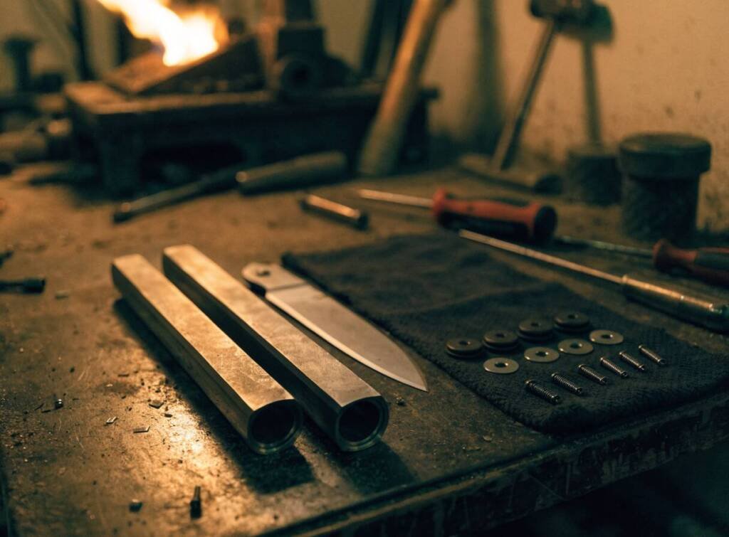 Balisong handle channels, pivot hardware and blade blank laid out before assembly