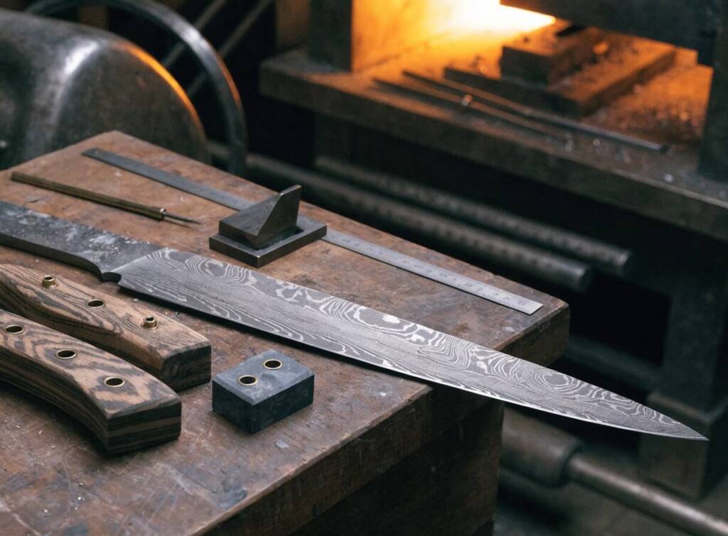 Damascus chef knife blank on the bench with handle blocks ready to fit