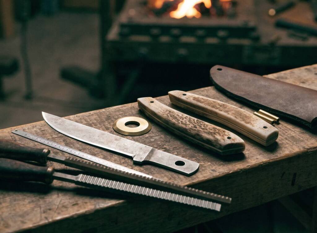 Hunting knife parts laid out on the workshop bench before assembly