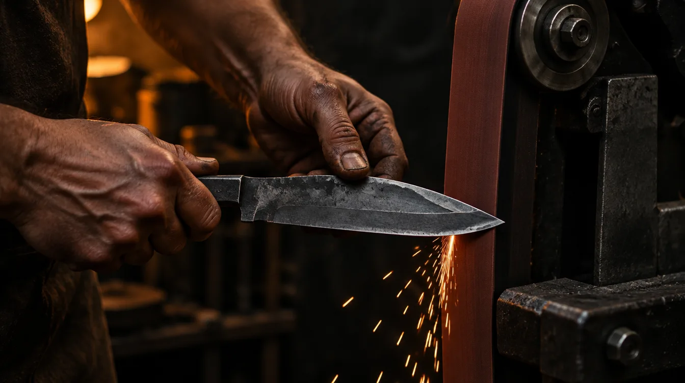 A bladesmith grinding a knife blank on a belt grinder