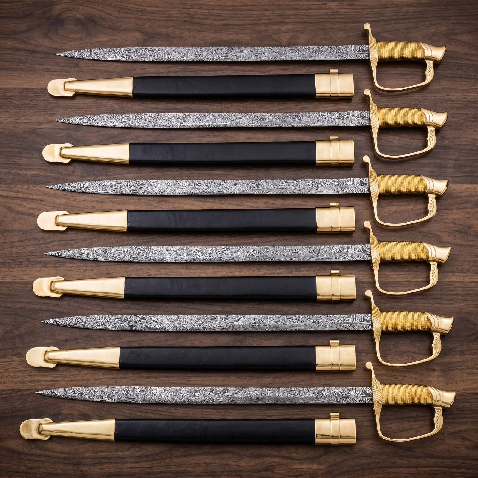 Set of 6 Officer Sword Hand-forged Damascus Steel Sword, Brass | Groomsmen Gift Set | BMK-559-S6
