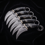 Set of 6 matching knives: Onyx Fang Handmade Damascus Karambit Knife with Buffalo Horn Handle