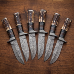 Set of 6 matching knives: Scorpion Knife 10″ Long 5″ Blade” 9oz Damascus Steel Fixed