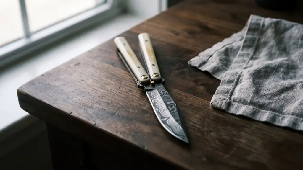 Damascus balisong butterfly knife lying open on a dark walnut desk
