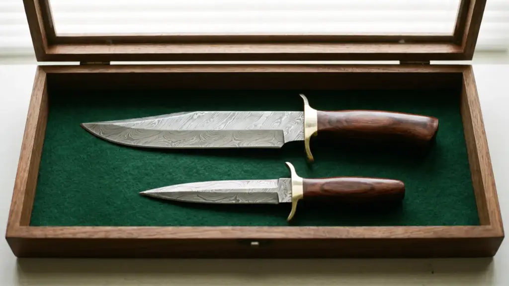 Damascus bowie knife and dagger laid out in an open wooden display case