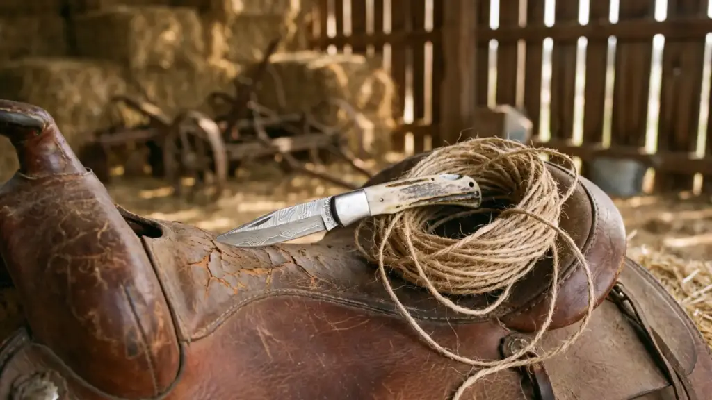 Damascus cowboy bull cutter folding knife with a bone handle on a worn leather saddle