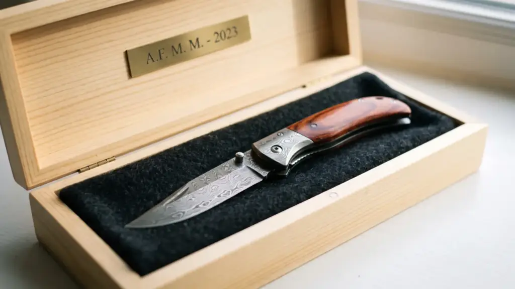 Damascus folding knife with a rosewood handle resting in an open pine gift box