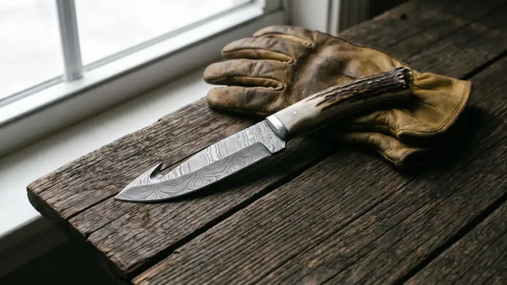 Damascus skinning knife with a stag antler handle and gut hook on weathered oak boards