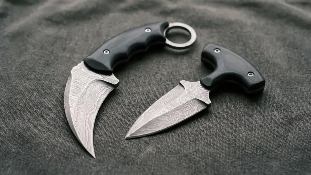 Damascus karambit knife and push dagger on dark grey canvas