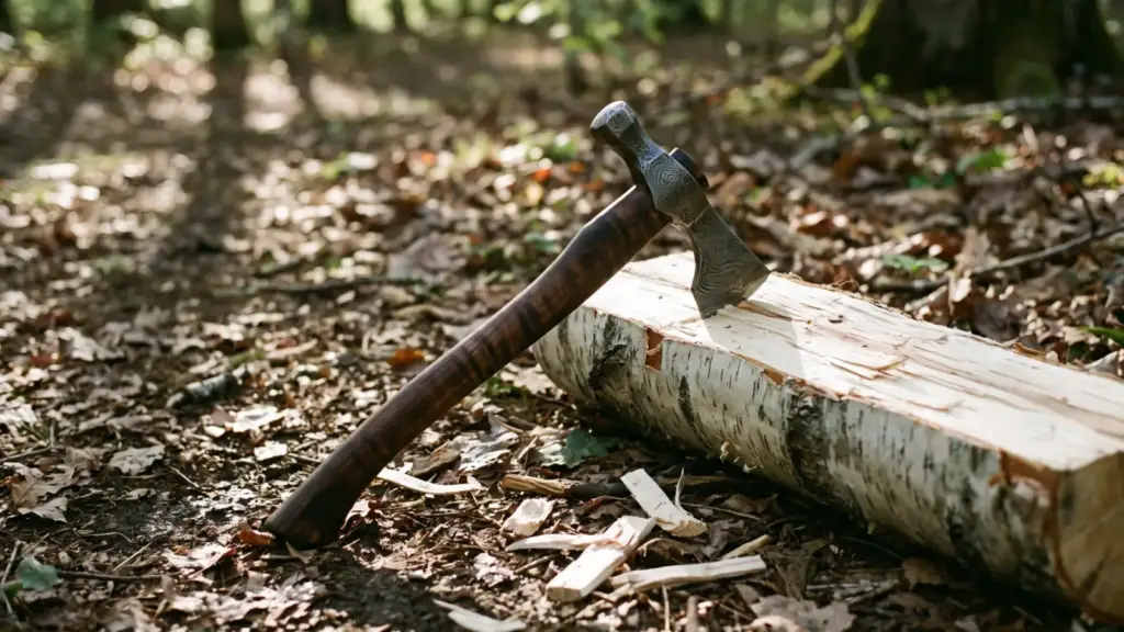 Hand forged Damascus tomahawk with a hickory handle resting against a split birch log