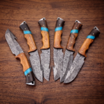 Set of 6 matching knives: Slatra Damascus Gut Hook Knife 8.7 Inches Long 4.6 Inches