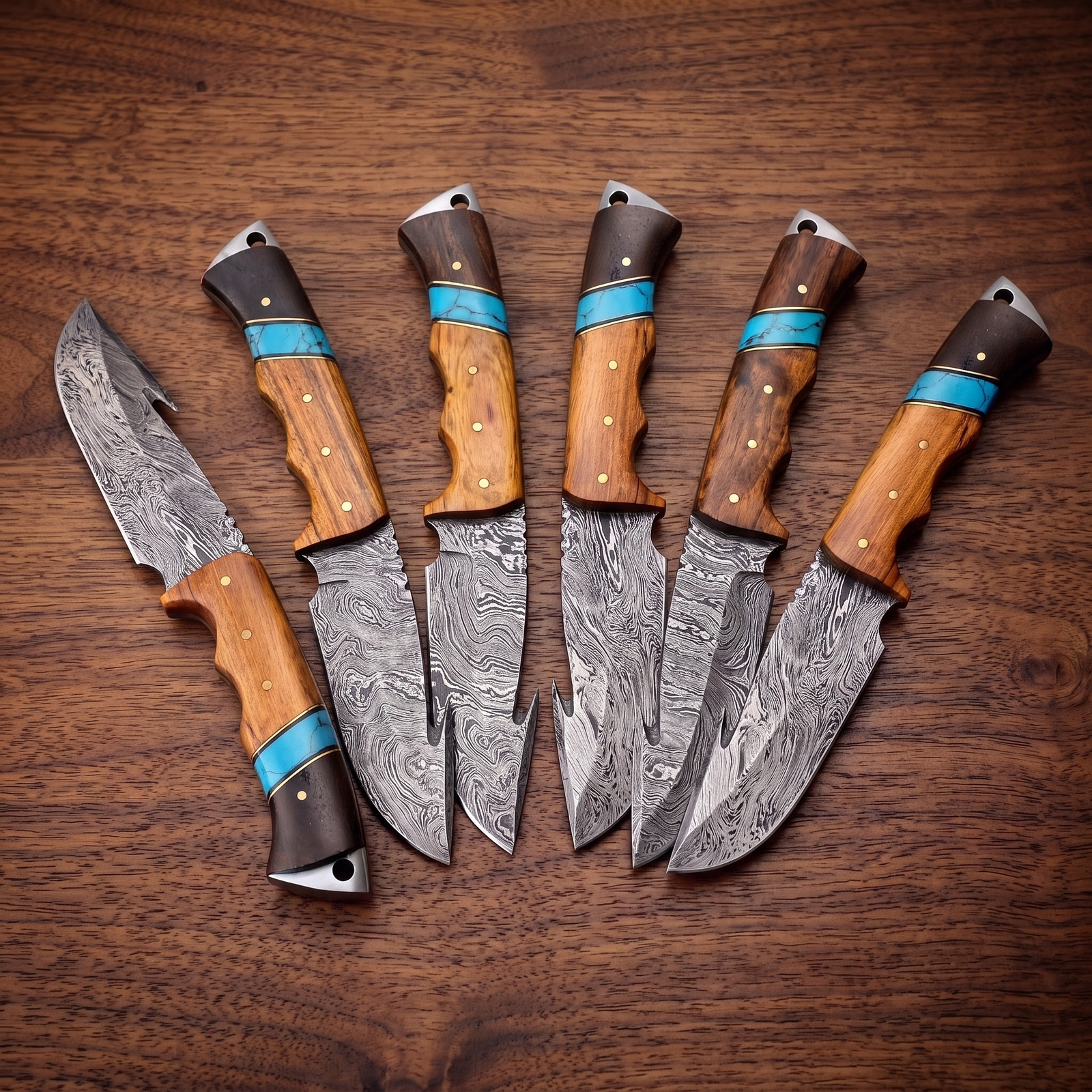 Set of 6 Slatra Damascus Gut Hook Knife 8.7 Inches Long 4.6 Inches | Groomsmen Gift Set | BMK-163-S6