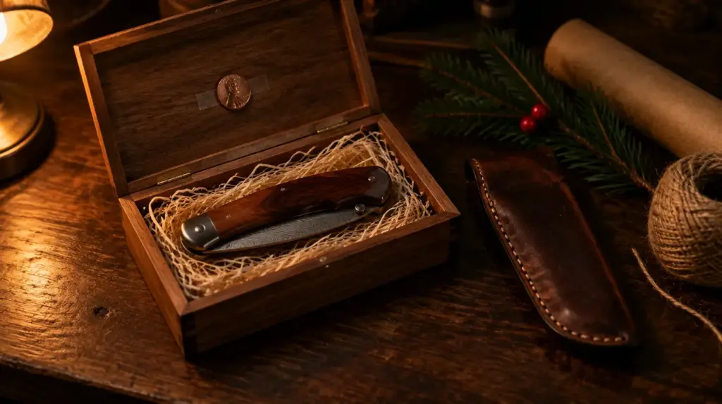 Damascus folding knife in a wooden gift box with a leather sheath, pine sprig and a copper penny taped to the lid