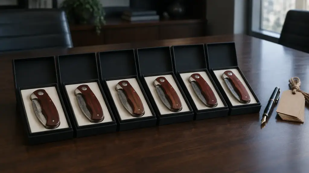 Six Damascus folding pocket knives in black presentation boxes lined up on a boardroom table as corporate gifts