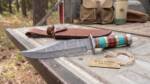 Dragon Damascus Bowie hunting knife BMK-105 with stacked turquoise, brass and resin handle with leather sheath