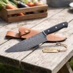 Fugu Damascus chef knife BMK-113-G with black resin handle with leather sheath