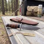 Hyena Damascus hunting knife BMK-100 with walnut burl handle and horn spacers with leather sheath