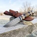 Leopard Damascus hunting knife BMK-108 with stacked antler, burl wood and horn handle with leather sheath
