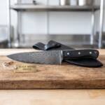 Molly Damascus chef knife BMK-113-R with black resin handle with leather sheath