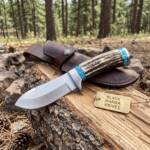 Persian Yuma Black 440C hunting knife BMK-111-B with stag antler and turquoise handle with leather sheath