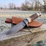 Persian Yuma Black Damascus hunting knife BMK-111-A with stag antler handle with leather sheath