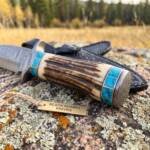 Persian Yuma Damascus hunting knife BMK-111 with stag antler and turquoise handle and black leather sheath