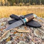 Persian Yuma Damascus hunting knife BMK-111 with stag antler and turquoise handle with black leather sheath