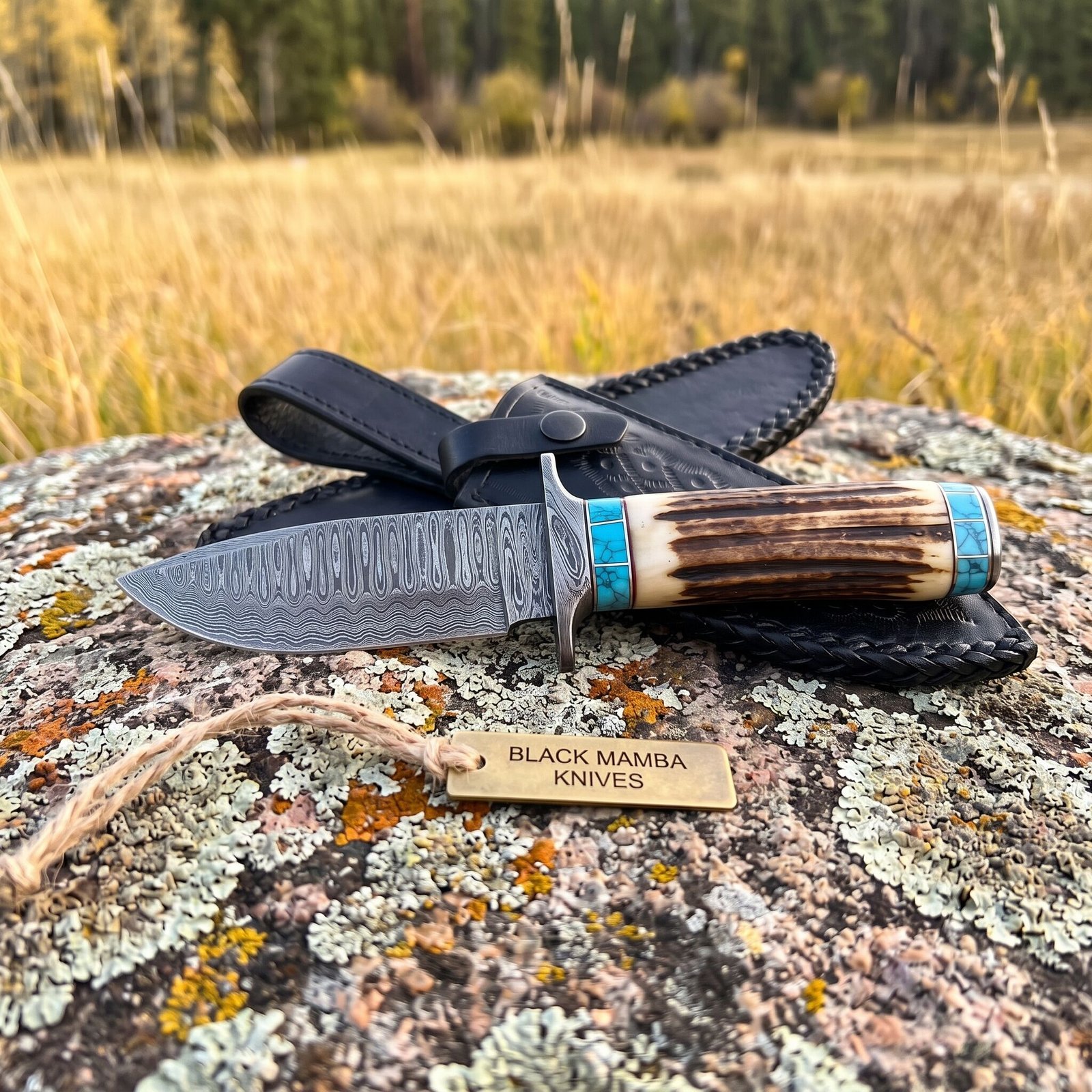 PERSIAN YUMA Knife 9″ Long 4.5″ Blade” 10.5oz Hunting Fixed Blade Knife Damascus Steel Real Turquoise Stag Handle Knife Black Mamba Hand Made World Class Knives USA Made | BMK-111 - view 3