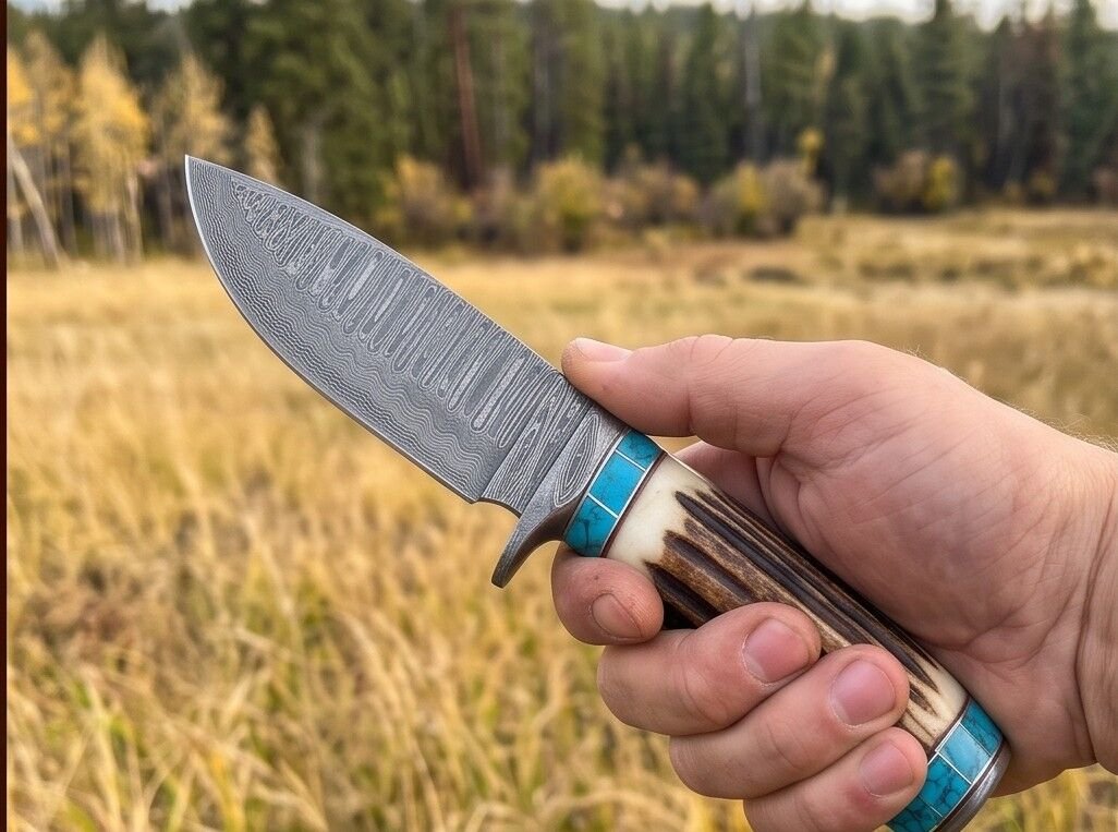 PERSIAN YUMA Knife 9″ Long 4.5″ Blade” 10.5oz Hunting Fixed Blade Knife Damascus Steel Real Turquoise Stag Handle Knife Black Mamba Hand Made World Class Knives USA Made | BMK-111 - view 2